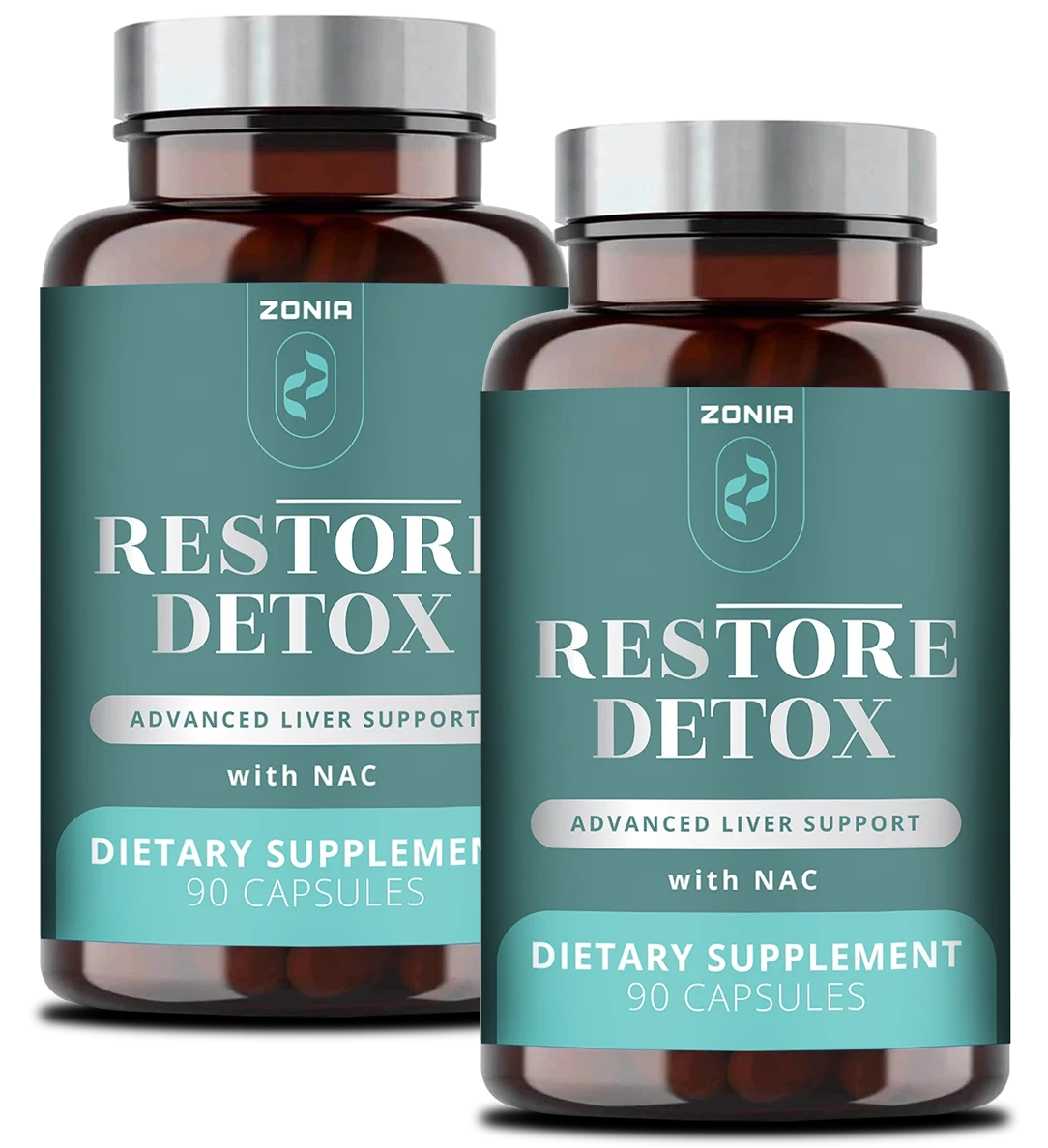 Two Zonia Restore Detox dietary supplement bottles. The brown bottles have silver caps and teal labels, stating they provide advanced liver support with NAC and contain 90 capsules.